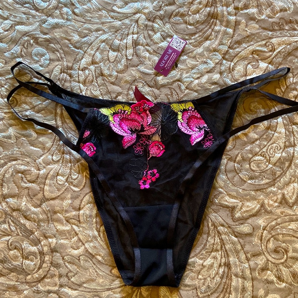 NWT New Adore Me black mesh floral embroidered string bikini Sz L